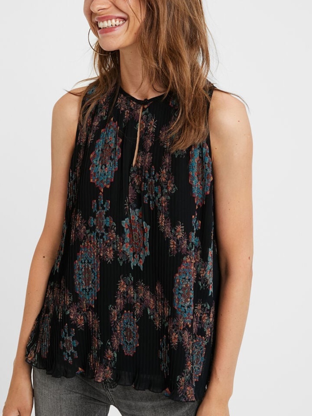 Desigual Accordion Pleated Sleeveless Blouse Black Floral Boho Print Size Small